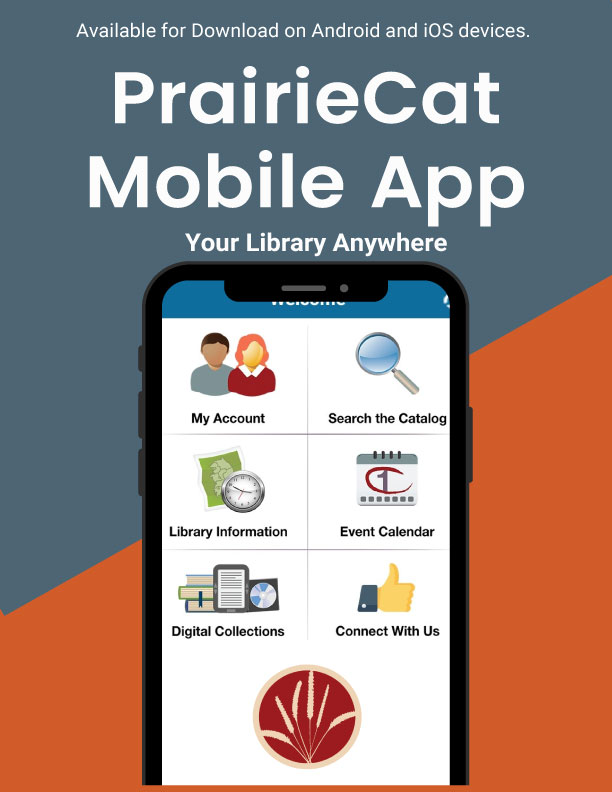 PrairieCat mobile app screen shot on smartphone against library blue and orange background