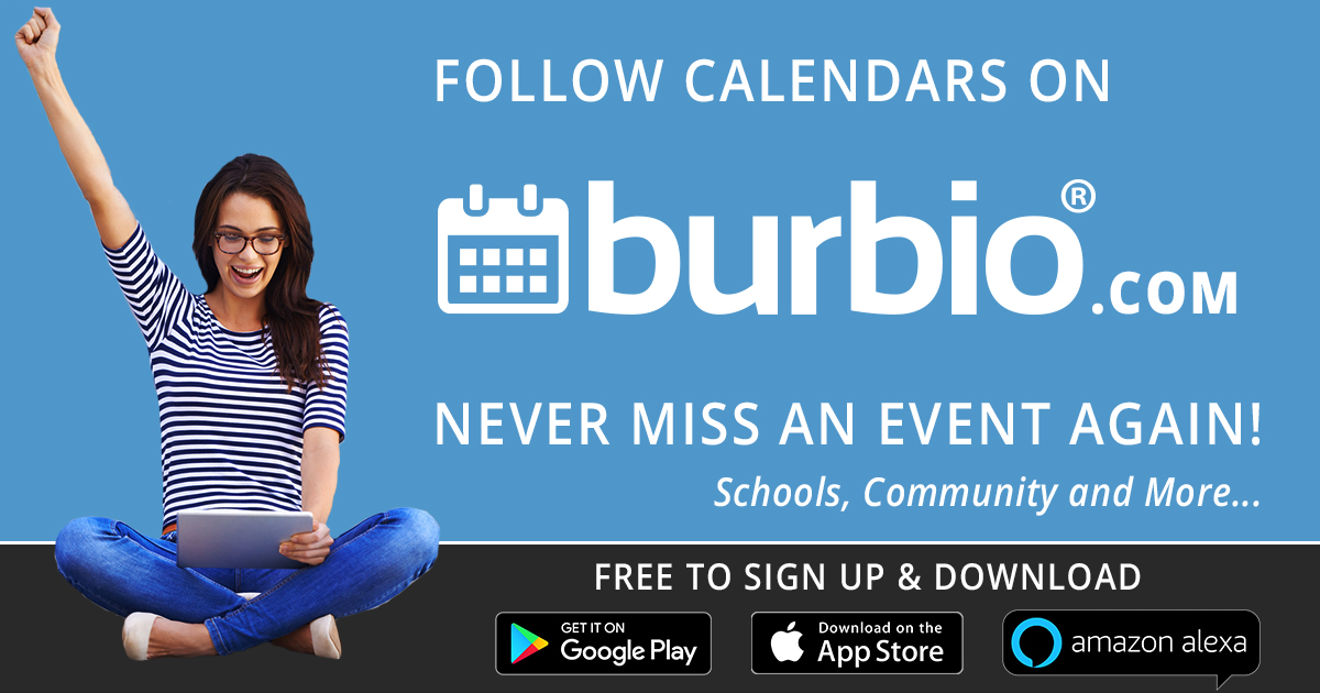 Follow calendars on Burbio.com and never miss an event again! White text on blue background, with female young adult raising arm in happy victory pose