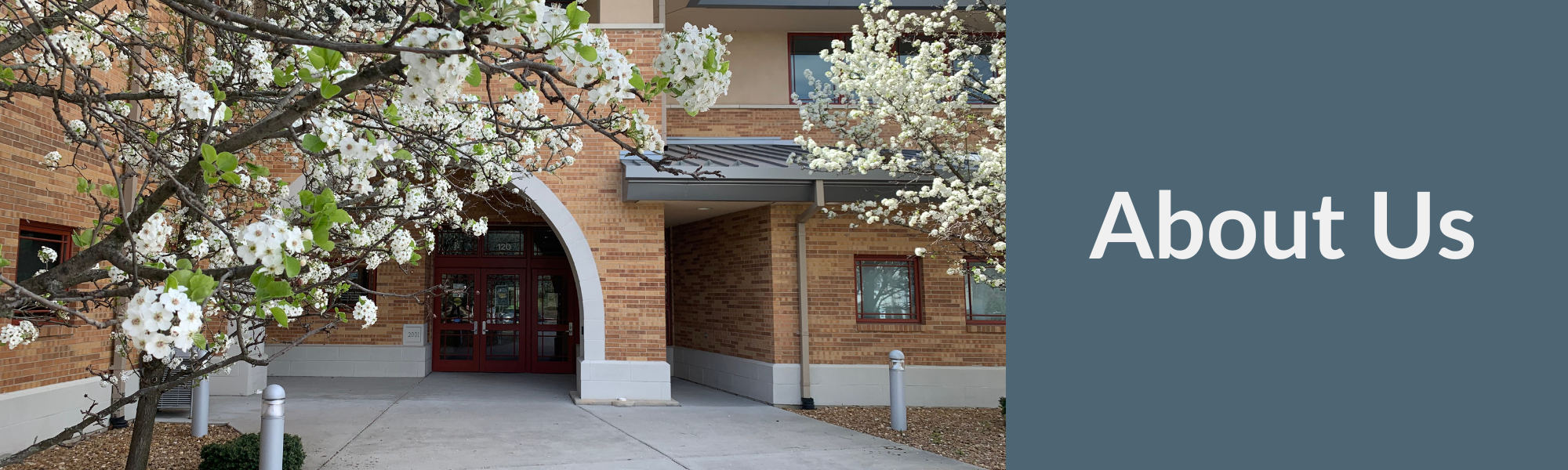 About Us header showing the front of the library