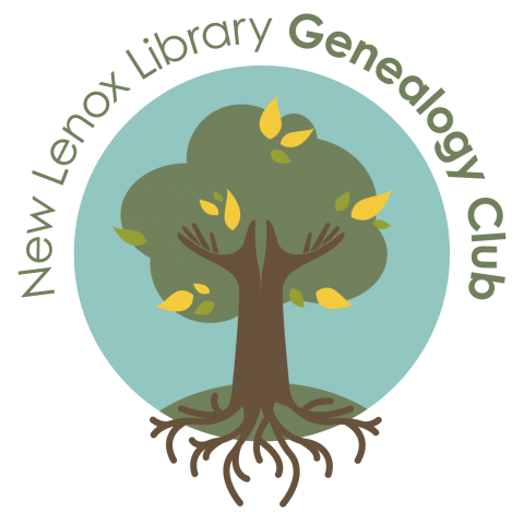 Green tree on a blue background with words "New Lenox Library Genealogy Club"