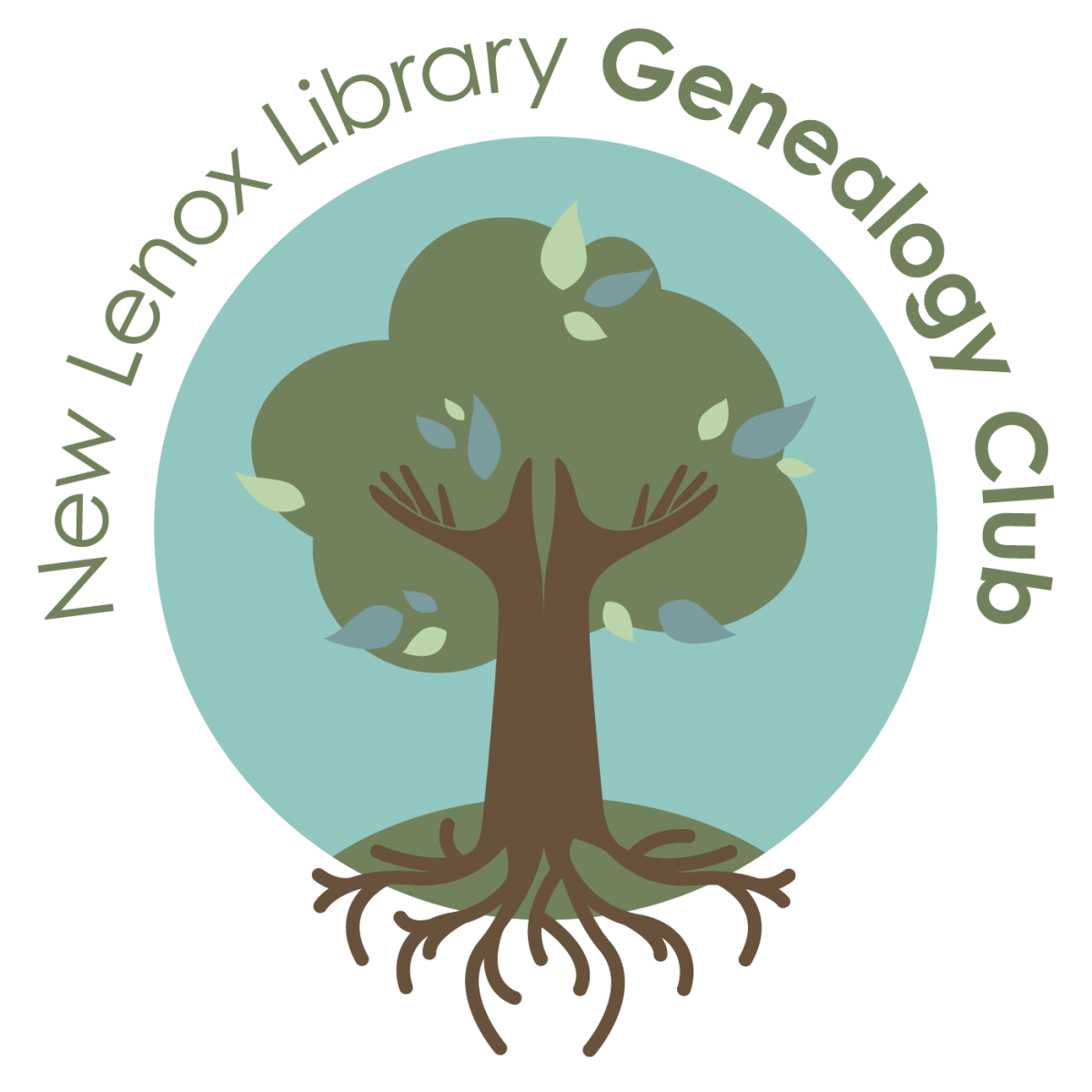 Green tree on a blue background with words "New Lenox Library Genealogy Club"